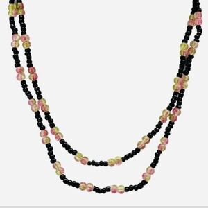 Women’s Pink & Black Long Beaded Layering Rope Lariat Vintage Necklace 41”